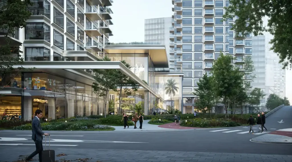 close image of eurovea tower from ground road