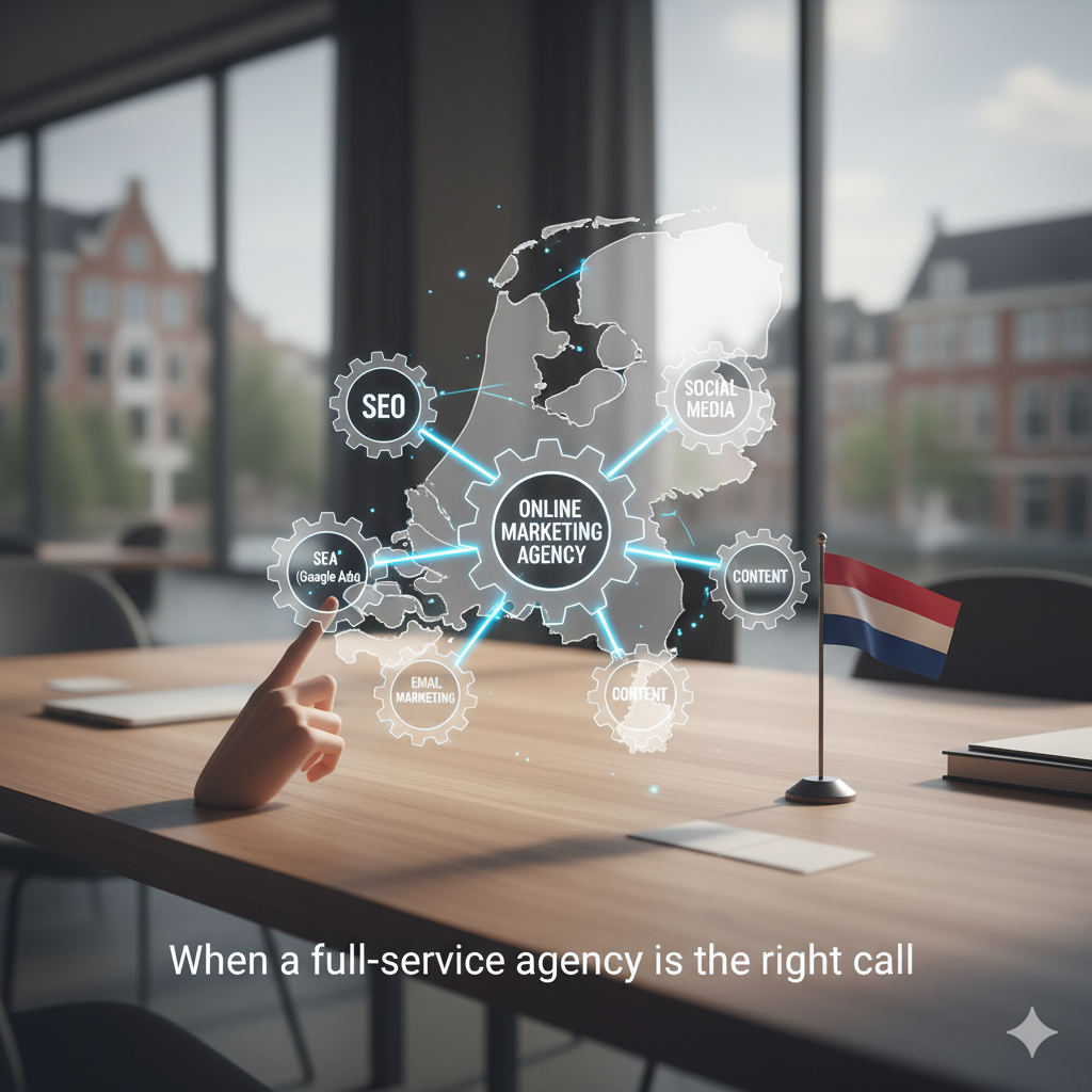 An abstract visual representation of an online marketing agency as a central hub in the Netherlands, with interconnected gears representing various marketing channels like SEO, SEA (Google Ads), social media, email marketing, and content. A hand points to the central 'Online Marketing Agency' node, emphasizing integrated services for the Dutch market.