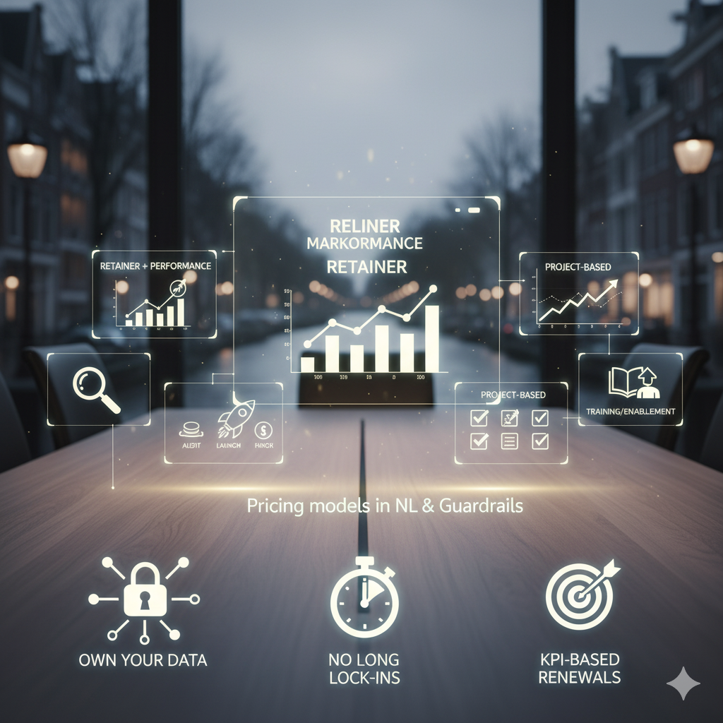 A holographic interface displays various online marketing agency pricing models (Retainer, Retainer + Performance, Project-Based, Training/Enablement) with corresponding growth charts and icons, projected over a modern conference table. Below, icons represent 'Own Your Data,' 'No Long Lock-Ins,' and 'KPI-Based Renewals,' illustrating guardrails for client protection, set against a blurred Dutch canal view.