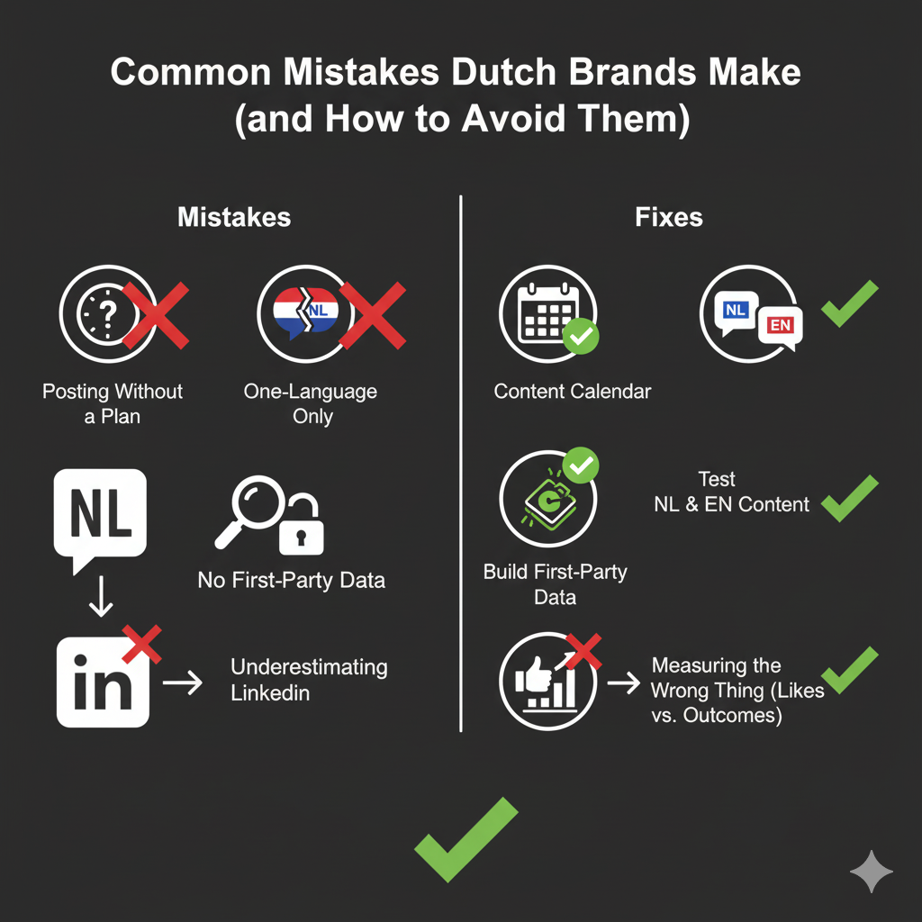 A chart or dashboard displaying mixed metrics, including some negative trends and low engagement numbers, being reviewed by a focused marketing team. This image represents the common mistakes Dutch brands make in social media marketing, such as measuring the wrong things or underestimating the importance of LinkedIn for B2B in Netherland.