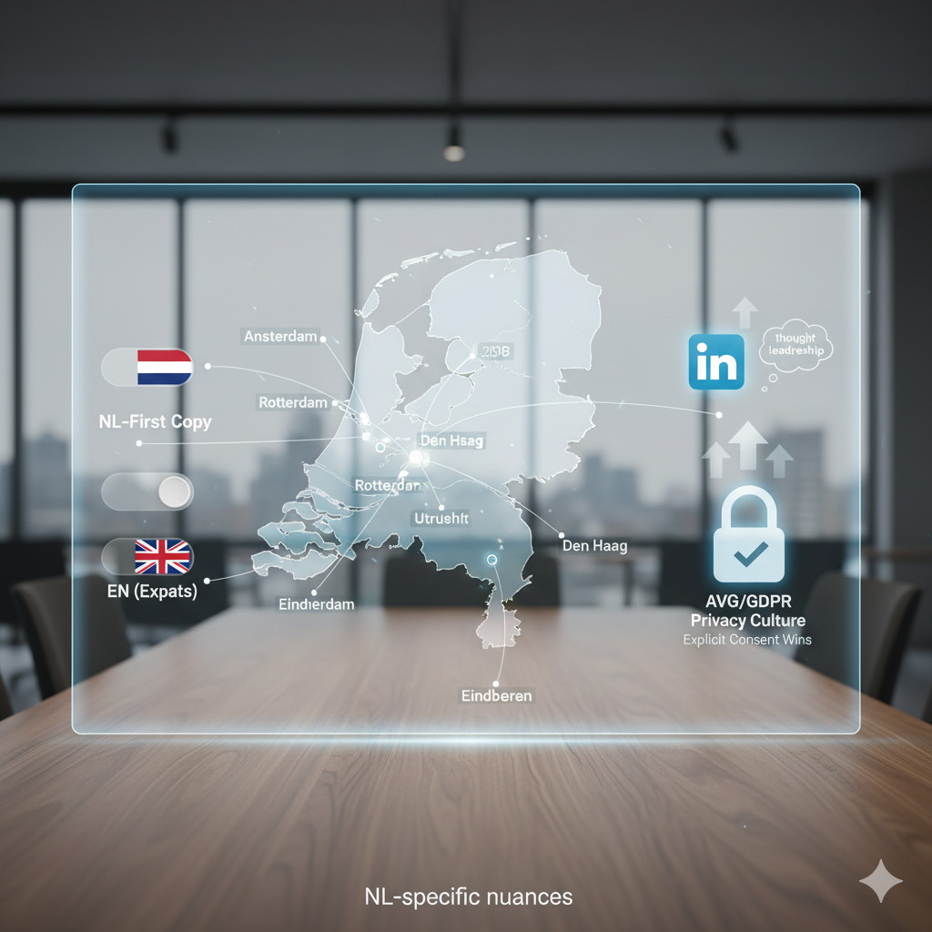 A transparent, glowing holographic display sits on a dark wooden conference table, showcasing an outline map of the Netherlands. Key cities like Amsterdam, Rotterdam, Den Haag, Utrecht, and Eindhoven are marked. On the left, toggle switches for 'NL-First Copy' (with a Dutch flag) and 'EN (Expats)' (with a Union Jack) represent language segmentation. On the right, icons for LinkedIn (with 'thought leadership' bubble) and a padlock with a checkmark for 'AVG/GDPR Privacy Culture' (with 'Explicit Consent Wins') highlight crucial regional marketing nuances.