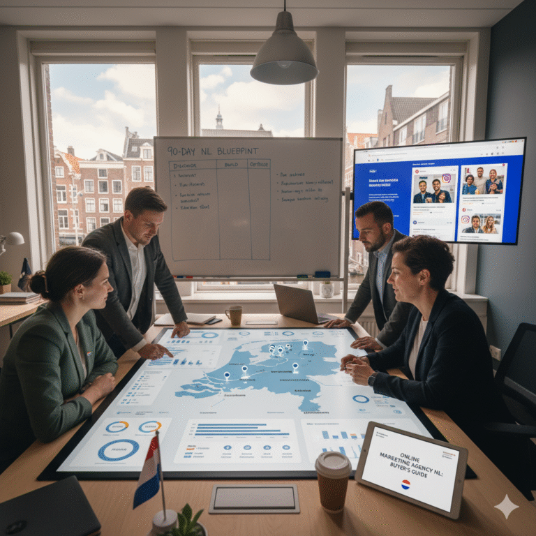 A team of marketing professionals in a modern office collaborating around a large interactive table displaying a digital map of the Netherlands with various data points and analytics. One screen on the wall shows social media content, and a tablet in the foreground displays the blog post title 'Online Marketing Agency NL: Buyer's Guide.' The image highlights strategic online marketing planning for the Dutch market.