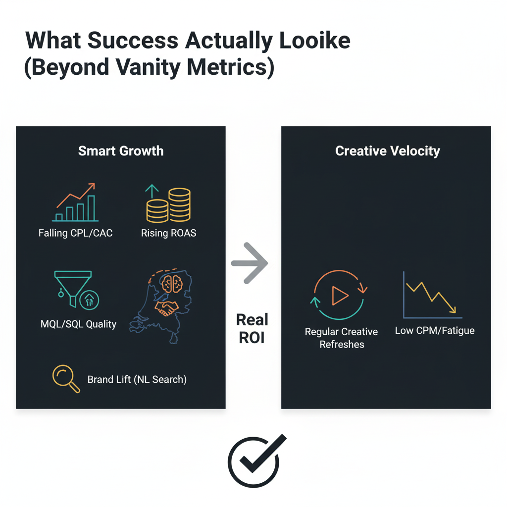 A financial graph or data dashboard showing an upward trend in key metrics like ROAS, CPL, and MQLs over time. The visual emphasizes business outcomes over vanity metrics for a successful social media marketing agency in the Netherlands.