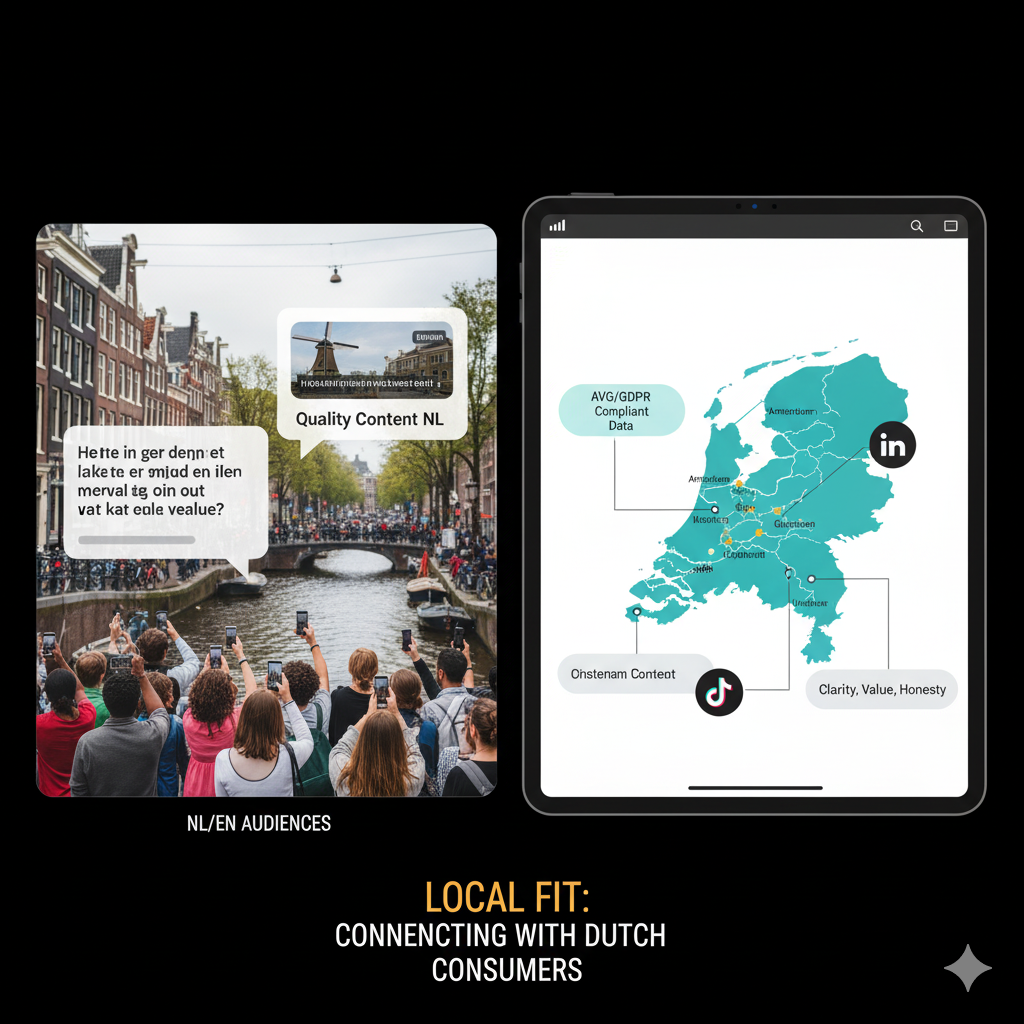 Close-up of a digital map of the Netherlands highlighting major cities like Amsterdam, Rotterdam, and The Hague on a screen, surrounded by a multicultural business team. This represents the necessity of a social media marketing agency having local fit and cultural knowledge for the diverse Dutch market