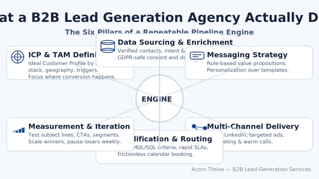 Infographic titled “What a B2B Lead Generation Agency Actually Does” showing a central engine connected to six cards: ICP & TAM Definition, Data Sourcing & Enrichment, Messaging Strategy, Multi-Channel Delivery, Qualification & Routing, and Measurement & Iteration.