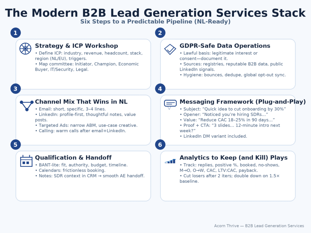 Infographic titled “The Modern B2B Lead Generation Services Stack” laid out as six numbered cards: Strategy & ICP Workshop, GDPR-Safe Data Operations, Channel Mix That Wins in NL, Messaging Framework (Plug-and-Play), Qualification & Handoff, and Analytics to Keep (and Kill) Plays, each with concise bullet points and simple icons.
